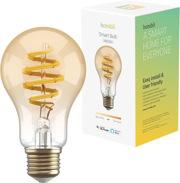 Hombli Bombilla Inteligente | Luz Blanca Cálida Regulable E27, 1800-2700K CCT | Filamento 5.5W, A60 300 Lúmenes | Instalación Fácil | Control por Voz con Función de App, Compatible con Google & Alexa