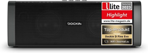 DOCKIN D Fine Altavoz Portátil Bluetooth de 50W Impermeable IP55, hasta 10 Horas de Reproducción con Sonido de Alta Fidelidad y Estereo, Powerbank, NFC, Negro, Diseñado en Alemania