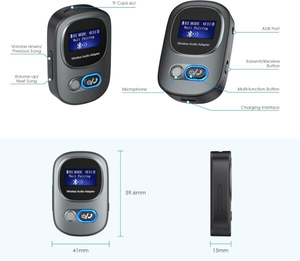OQIMAX Transmisor Receptor Bluetooth 5.0, Adaptador Audio 3.5mm Jack Aux, Baja Latencia,Pantalla LCD, Transmisor Bluetooth para Televisión PC Amplificador Coche Móvil Altavoces Auriculares - Image 6