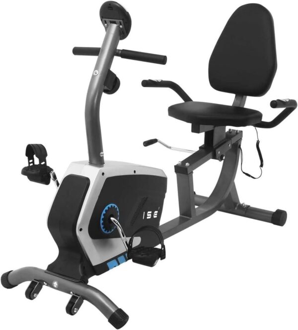 ISE Bicicleta Estática con Respaldo, Bicicleta Estatica Reclinadas, 8 Niveles de Resistencia, Sensor de Pulso, Bici Estatica Entrenamientos de Recuperación,Bicicletas Estaticas, Máx. 120 kg
