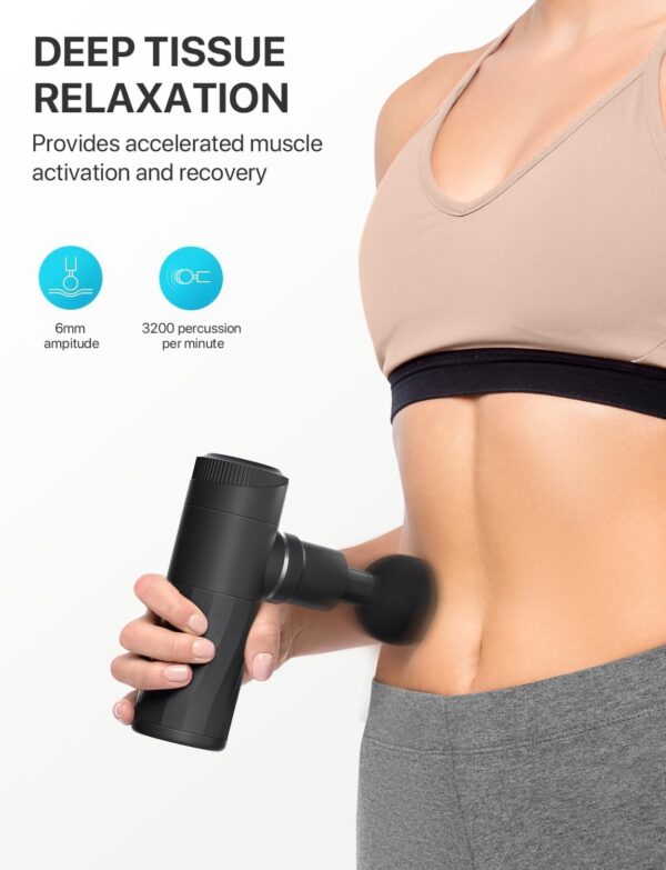 ALLJOY Pistola de Masaje Muscular Mini, Masajeador Muscular Portátil 3200RPM, Masajeador de Mano Ultra Silencioso con 4 cabezales, 4 Velocidades, Massage Gun para Piernas, Espalda, Tipo C, Negro - Image 3