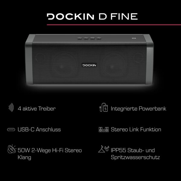 DOCKIN D Fine Altavoz Portátil Bluetooth de 50W Impermeable IP55, hasta 10 Horas de Reproducción con Sonido de Alta Fidelidad y Estereo, Powerbank, NFC, Negro, Diseñado en Alemania - Image 4