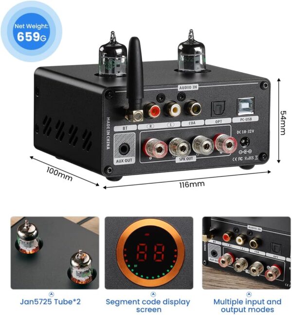 AIYIMA T9PRO JAN5725 Amplificador de Tubo de vacío 100Wx2 TPA3250 Estéreo USB DAC Amp QCC3031 Bluetooth 5.1 aptxHD Coax/Opt HiFi Home Audio Amplificadores Digitales con medidor VU - Image 2