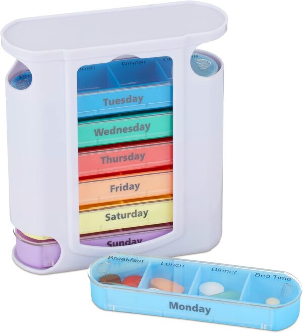 Relaxdays Pastillero Semanal 4 Tomas, Rótulos en Inglés, PP-ABS, Blanco-Multicolor, 13 x 11,5 x 4,5 cm, 5 cm