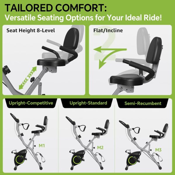 LINBOLUSA Bicicleta estática de interior para personas mayores, bicicleta estática plegable 5 en 1 con resistencia magnética de 16 niveles y paseo en tres posiciones, capacidad de 300 libras, volante - Image 3