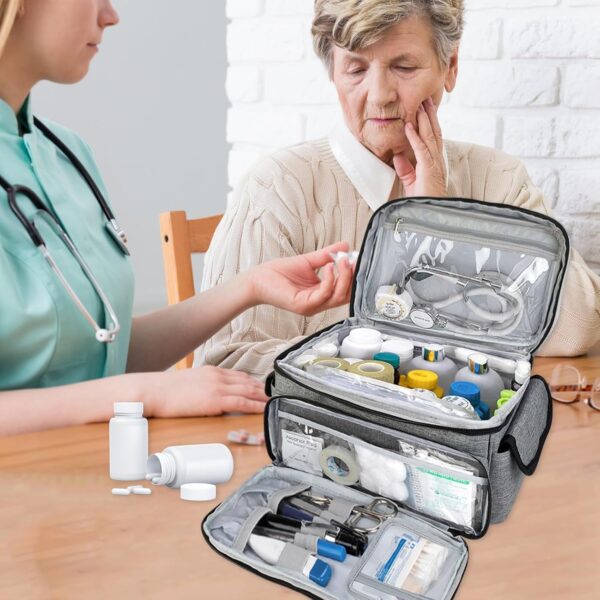 Bolsa médica de primeros auxilios vacía, bolsa de emergencia, bolsa de enfermería, organizador de medicamentos de gran capacidad con varios compartimentos para visitas a casa, casa, viaje, negro - Image 3