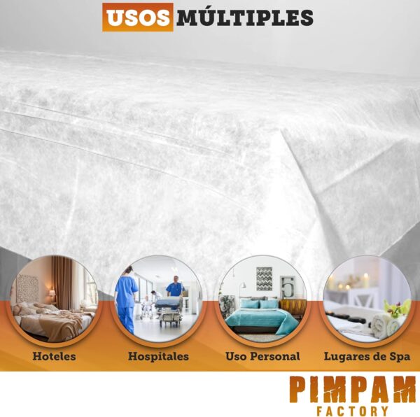 PimPam Factory - Pack 200 Sábanas de TNT Desechables 14gr - 80x200cm - Hipoalergénico - Repele Líquidos - No Ajustable - Ideal para Camas y Camillas de Masaje - 100% Reciclables - Image 5
