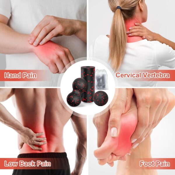 Kisvic Pelota de fascia y pequeño rollo de masaje, juego de bolas de masaje para aliviar el estrés y relajar los músculos, doble bola para columna vertebral, pie, cuello y espalda (rojo) - Image 5