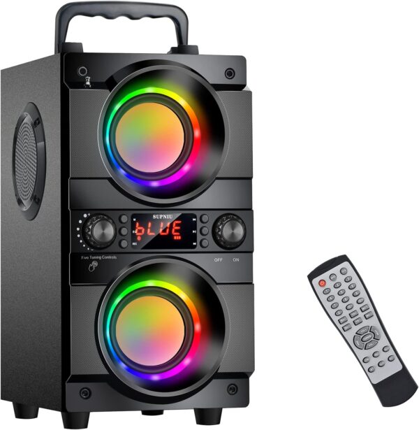 Supniu - Altavoz Bluetooth, 60 W, altavoz inalámbrico portátil, con doble bajo, Bluetooth 5.0, inalámbrico, 100 pies, potente soporte de altavoz al aire libre, radio FM para el hogar en pleno