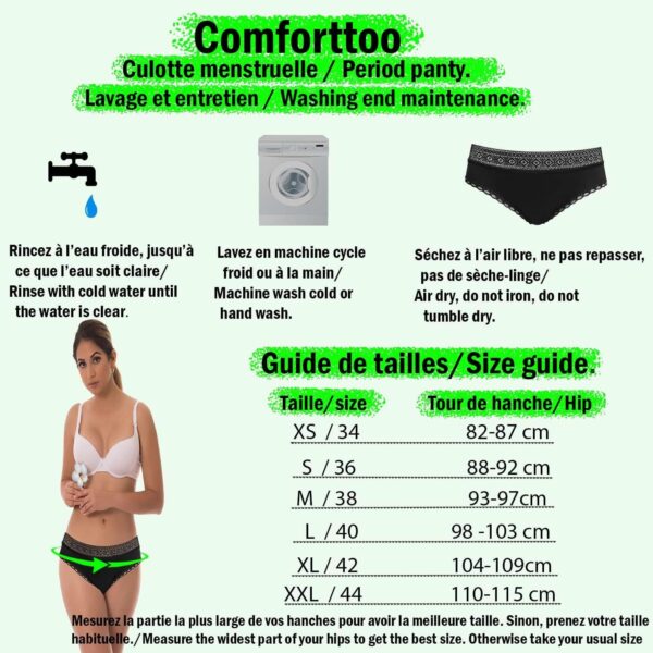 Bragas menstruales Flujo abundante Lavable de algodón orgánico con 4 capas Ultra absorbentes Bragas de regla reutilizable para Adolescente y Mujer Ropa interior de protección (Negro - Tamaño) - Image 5