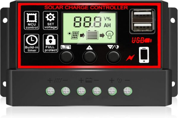 Depvko Controlador de carga solar 30A, regulador inteligente de batería de panel solar negro con doble puerto USB de 12V/24V PWM regulador de carga solar, parámetro automático, pantalla LCD ajustable