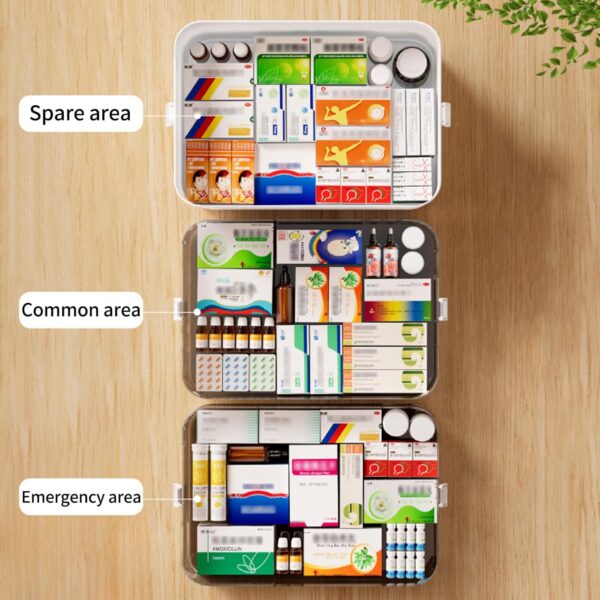 Caja de medicamentos con 3 estantes, portátil, multiusos, con tapa transparente, asa de transporte, maletín para manualidades, caja de almacenamiento, botiquín casero, caja de primeros auxilios (30 x - Image 5
