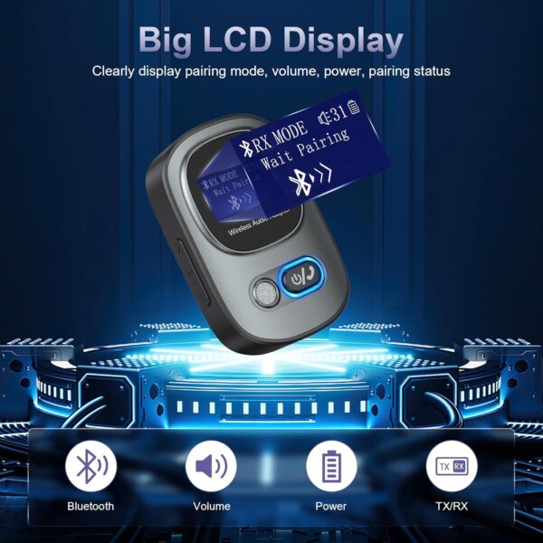 OQIMAX Transmisor Receptor Bluetooth 5.0, Adaptador Audio 3.5mm Jack Aux, Baja Latencia,Pantalla LCD, Transmisor Bluetooth para Televisión PC Amplificador Coche Móvil Altavoces Auriculares - Image 3