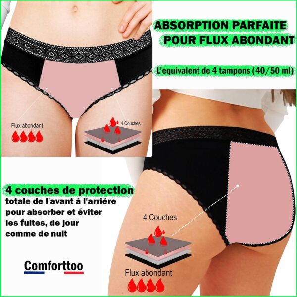 Bragas menstruales Flujo abundante Lavable de algodón orgánico con 4 capas Ultra absorbentes Bragas de regla reutilizable para Adolescente y Mujer Ropa interior de protección (Negro - Tamaño) - Image 2