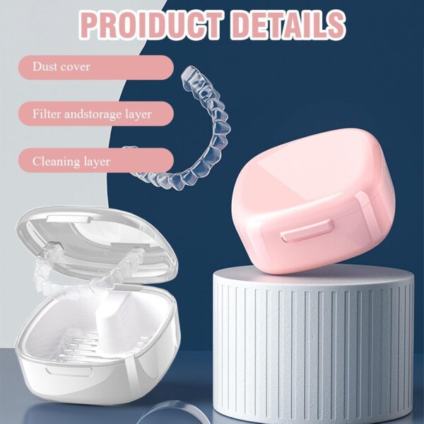 2 Piezas Caja Dentadura Postiza,Funda Aparato Dental Ortodoncia,Caja Portátil para Prótesis Dentales,para Almacenar Dentaduras Postizas (Rosa,Blanco) - Image 3