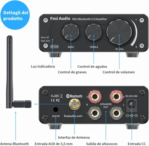 Fosi Audio BT10A Bluetooth 5.0 Amplificador de Audio Estéreo 2 Canales Clase D Mini Hi-Fi Integrado Amperio para Altavoces de Casa 50W x2 TPA3116 - Image 2