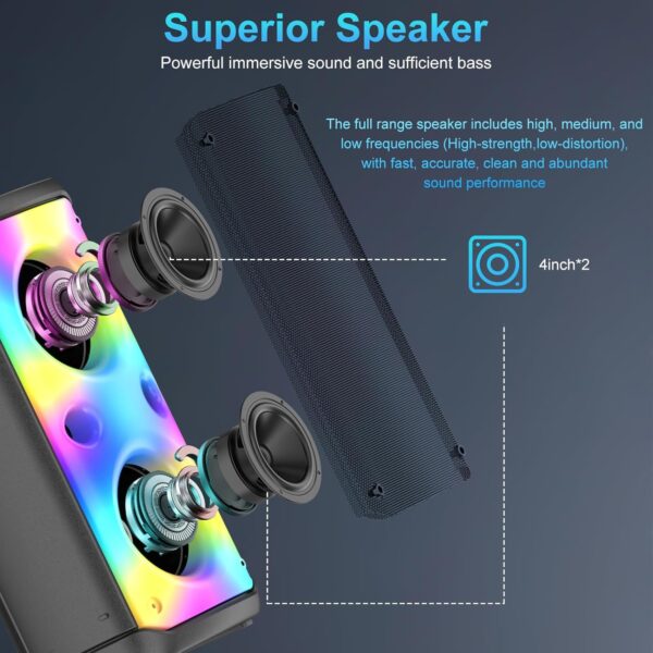 TAMPROAD Altavoces Bluetooth portátiles con subwoofer, Pico de 80 W, Potente, Gran Boombox Bluetooth inalámbrico con Sonido estéreo, micrófono, Luces LED (Q55-2 Mic) - Image 4