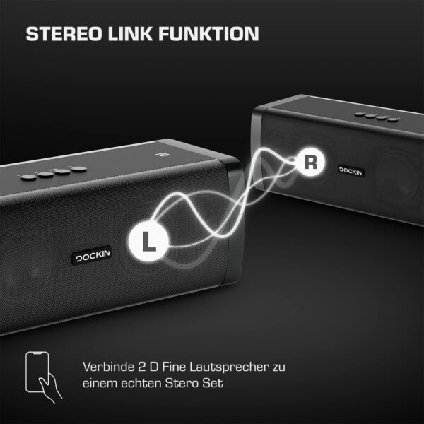 DOCKIN D Fine Altavoz Portátil Bluetooth de 50W Impermeable IP55, hasta 10 Horas de Reproducción con Sonido de Alta Fidelidad y Estereo, Powerbank, NFC, Negro, Diseñado en Alemania - Image 6