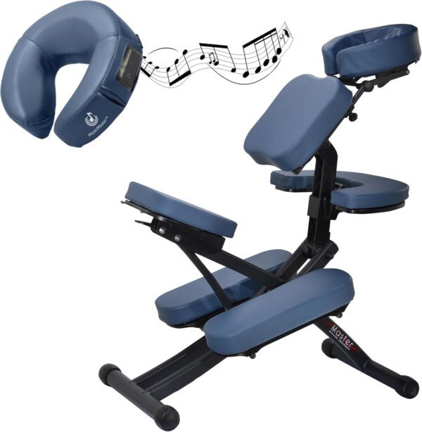 Master Massage Silla de Masaje Plegable Profesional, de Aluminio, Ajustable, Ligera, con cojín Musical, Funda de Transporte Bluetooth, Azul, Talla única