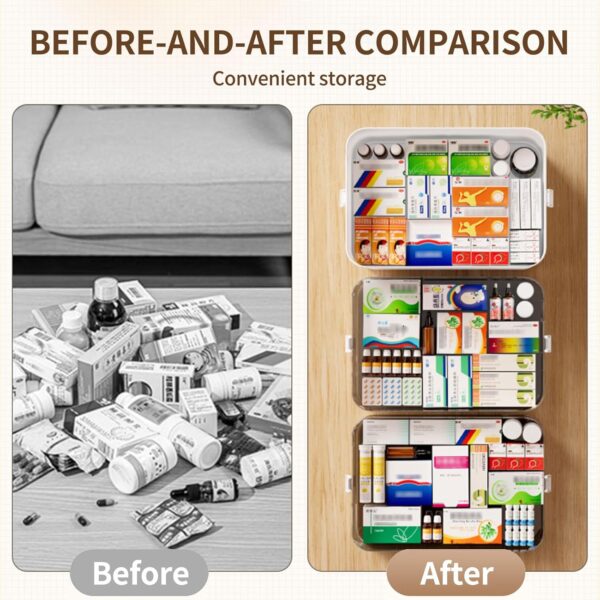 Caja de medicamentos con 3 estantes, portátil, multiusos, con tapa transparente, asa de transporte, maletín para manualidades, caja de almacenamiento, botiquín casero, caja de primeros auxilios (30 x - Image 4