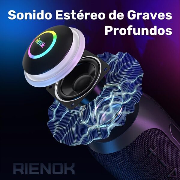 RIENOK S4 Altavoz Bluetooth Portátil Bluetooth 5.3 Potente Impermeable IPX7 Pequeño Inalámbrica Emparejamiento Estéreo Apoya Tarjeta SD Negro - Image 2