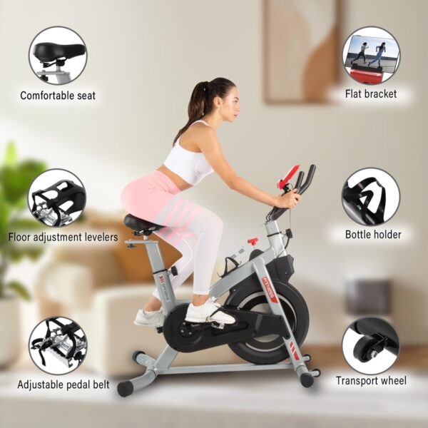 ISE Bicicleta Estática Indoor con Resistencia inercial Ajustable, Bicicleta Estatica Profesional con Sensor de Pulso/Pantalla/Soporte para teléfono, Sillín y Asa Ajustables,Silenciosa,Fitness En Casa - Image 6