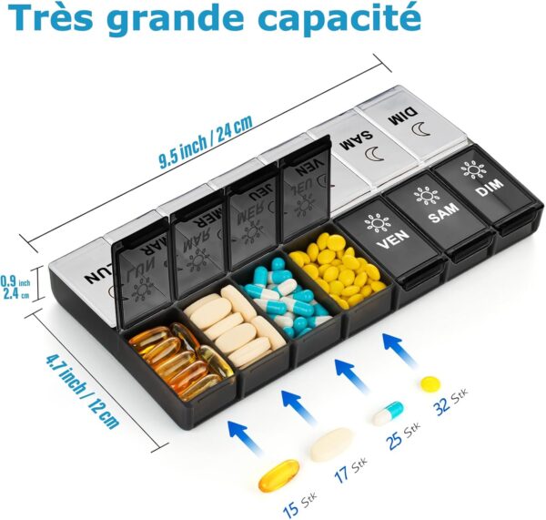 Pastillero Semanal 2 Tomas 7 Días，Dosificador de Comprimidos con 14 Compartimentos, Organizador de Pastillas para Viaje Uso Diario, Vitaminas, Medicinas Diarias - Image 4