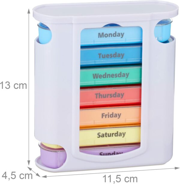 Relaxdays Pastillero Semanal 4 Tomas, Rótulos en Inglés, PP-ABS, Blanco-Multicolor, 13 x 11,5 x 4,5 cm, 5 cm - Image 4