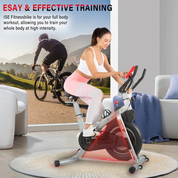 ISE Bicicleta Estática Indoor con Resistencia inercial Ajustable, Bicicleta Estatica Profesional con Sensor de Pulso/Pantalla/Soporte para teléfono, Sillín y Asa Ajustables,Silenciosa,Fitness En Casa - Image 7