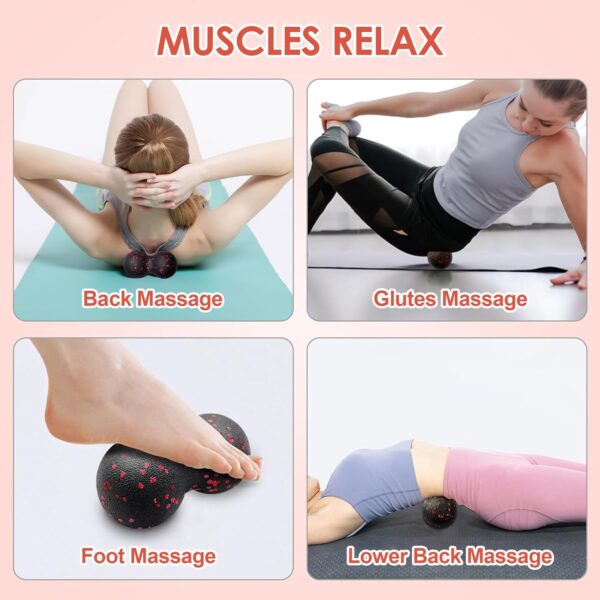 Kisvic Pelota de fascia y pequeño rollo de masaje, juego de bolas de masaje para aliviar el estrés y relajar los músculos, doble bola para columna vertebral, pie, cuello y espalda (rojo) - Image 3