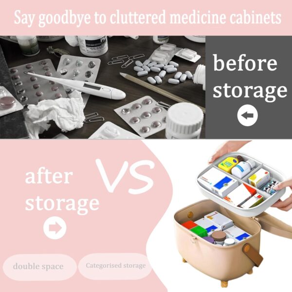 AiMeiteng Caja medicamentos, Organizador medicamentos, Caja de medicamentos para casa de dos niveles con asa, adecuada para guardar medicamentos（Rosa） - Image 4