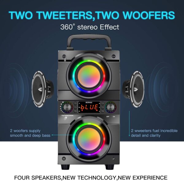 Supniu - Altavoz Bluetooth, 60 W, altavoz inalámbrico portátil, con doble bajo, Bluetooth 5.0, inalámbrico, 100 pies, potente soporte de altavoz al aire libre, radio FM para el hogar en pleno - Image 4