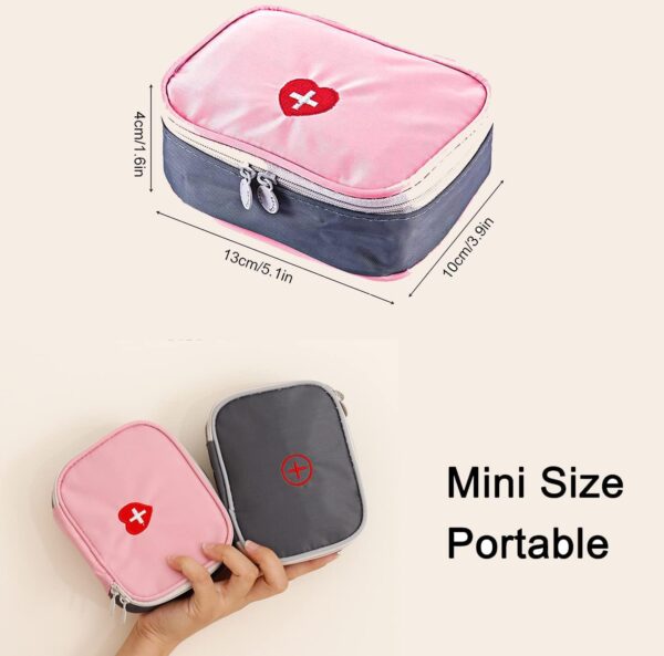 SwirlColor Mini Botiquin de Primeros Auxilios, 2 Piezas Organizador Portátil de Pastillas, Contenedor Vacío de Medicamentos con Múltiples Bolsillos para Viajes (5,1x3,9x1,57 Pulgadas), Rosa + Gris - Image 2