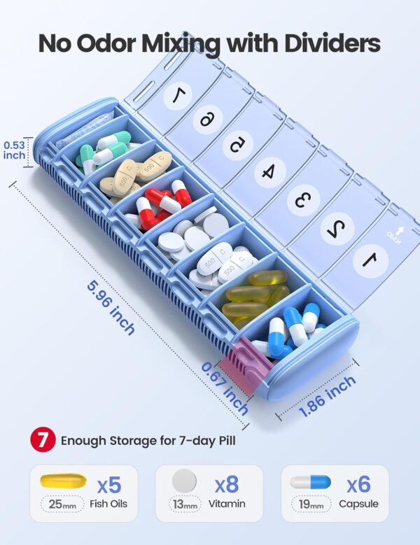 Vaydeer Pastillero semanal de 7 días, pastillero de viaje de metal, gran capacidad, bonito pastillero diario para suplementos, píldoras, vitaminas y medicamentos - Image 2