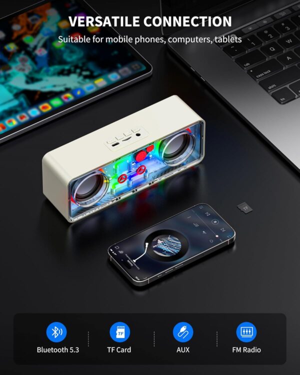 JAMELO Altavoz Bluetooth, Altavoz Portátil con Diseño Transparente, Luz de Transmisión, TWS, Tarjeta TF, AUX, Altavoz Exterior para Fiesta, Camping, Playa, Viajes, Senderismo, Blanco - Image 4