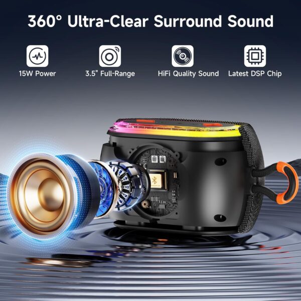 JYX Altavoz Bluetooth Potente 15W, Altavoz Inalámbrico Portátil Impermeable IPX5, Emparejamiento TWS, Dura 24 Horas, con Luz RGB, AUX y TF YH - Image 2