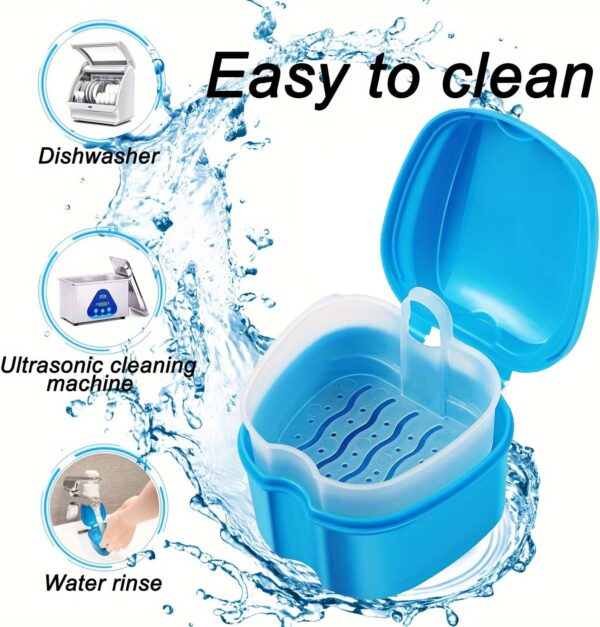 Kit de limpieza para prótesis, prótesis, caja de vaso, recipiente para prótesis de baño con colador colgante prótesis para almacenamiento de viaje (azul) - Image 5