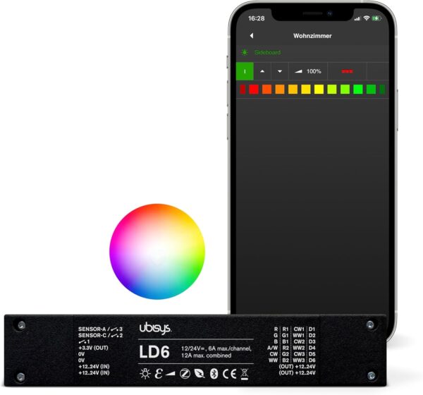 ubisys Controlador LED LD6: Zigbee/Bluetooth | 12/24 V | RGBW, blanco sintonizable o monocolor | hasta 6 luces