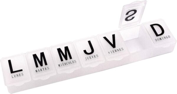 MovilCom® Pastillero semanal español transportable 7 compartimentos 7 días pastillero organizador semanal 1 toma diaria, estuche planificador semanal de pastillas-Blanco