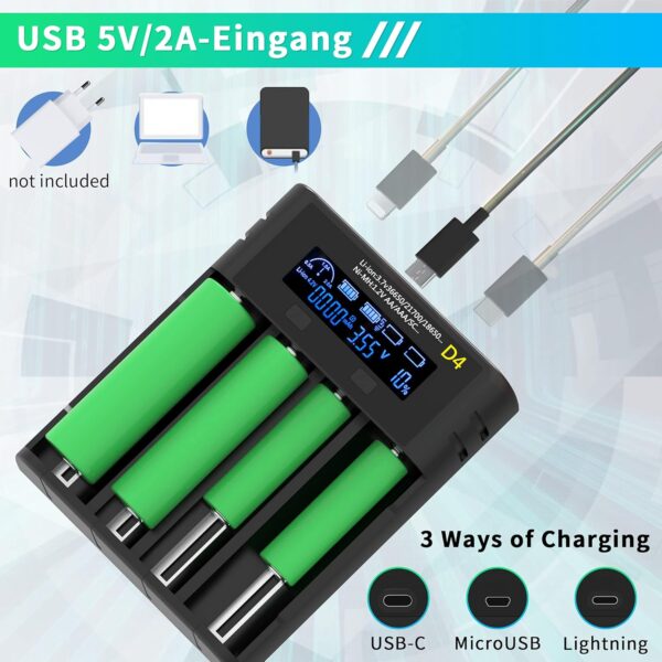 SOAIY Cargador de Batería Inteligente con 4 Compartimentos con Pantalla LCD para 3,7 V Li-Ion 18650 21700 26650 18500 1,2 V NiMh/NiCD Pilas AA AAA Cargador de Batería USB C 0,5/1/2 A - Image 5