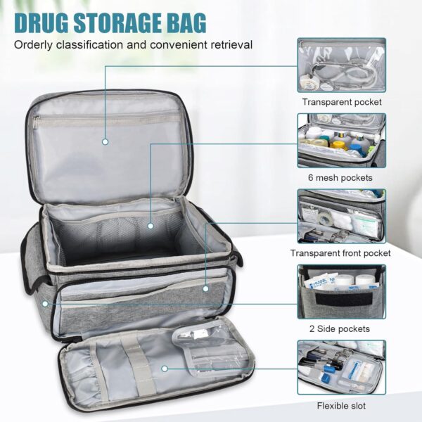 Bolsa médica de primeros auxilios vacía, bolsa de emergencia, bolsa de enfermería, organizador de medicamentos de gran capacidad con varios compartimentos para visitas a casa, casa, viaje, negro - Image 4