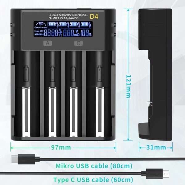 SOAIY Cargador de Batería Inteligente con 4 Compartimentos con Pantalla LCD para 3,7 V Li-Ion 18650 21700 26650 18500 1,2 V NiMh/NiCD Pilas AA AAA Cargador de Batería USB C 0,5/1/2 A - Image 6