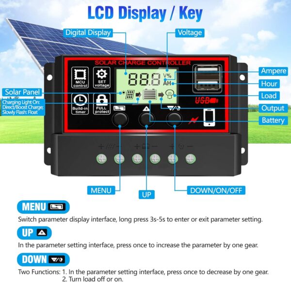 Depvko Controlador de carga solar 30A, regulador inteligente de batería de panel solar negro con doble puerto USB de 12V/24V PWM regulador de carga solar, parámetro automático, pantalla LCD ajustable - Image 4