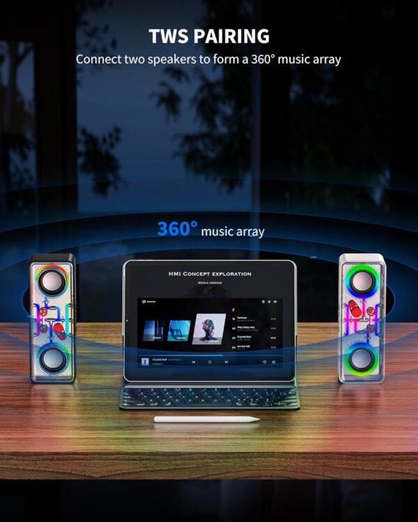 JAMELO Altavoz Bluetooth, Altavoz Portátil con Diseño Transparente, Luz de Transmisión, TWS, Tarjeta TF, AUX, Altavoz Exterior para Fiesta, Camping, Playa, Viajes, Senderismo, Blanco - Image 7
