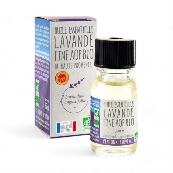 Aceite Esencial de Lavanda Fina AOP Orgánico - 100% Puro y Natural, Cultivado y Envasado en Provenza - Aceite Esencial de Aromaterapia Relajación y Bienestar para Masaje, Baño, Difusor - 15ml