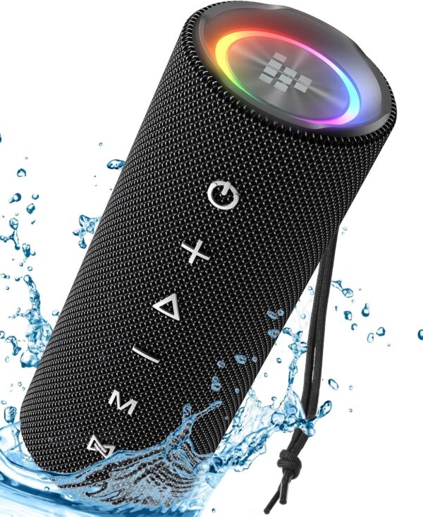 Tronsmart Mirtune C2 Altavoz Bluetooth 5.3, Altavoz Potente Portátil con Luz LED de Color, 24H de Reproducción,Impermeable IPX7, 360° Sonido Estéreo, Apoya TF, SD, para Exterior
