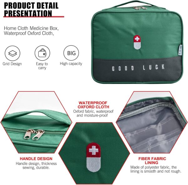 Bolsa de medicamentos, Bolsa de Emergencia, Botiquín de Primeros Auxilios Caja Médica Portátil de Emergencia, Grand Capacidad, Portátil, para Oficina Hogar Viajes Camping (Verde) - Image 3