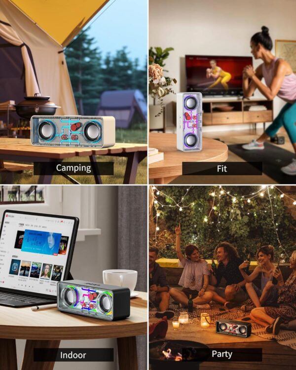 JAMELO Altavoz Bluetooth, Altavoz Portátil con Diseño Transparente, Luz de Transmisión, TWS, Tarjeta TF, AUX, Altavoz Exterior para Fiesta, Camping, Playa, Viajes, Senderismo, Blanco - Image 8