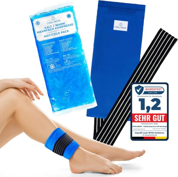 Coolmedic - Compresa de refrigeración prémium con vendaje, 29 x 12 cm, compresa fría XXL, 29 x 12 cm, compresas de refrigeración de gel para enfriar el dolor para niños y adultos
