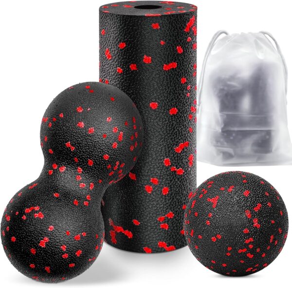 Kisvic Pelota de fascia y pequeño rollo de masaje, juego de bolas de masaje para aliviar el estrés y relajar los músculos, doble bola para columna vertebral, pie, cuello y espalda (rojo)